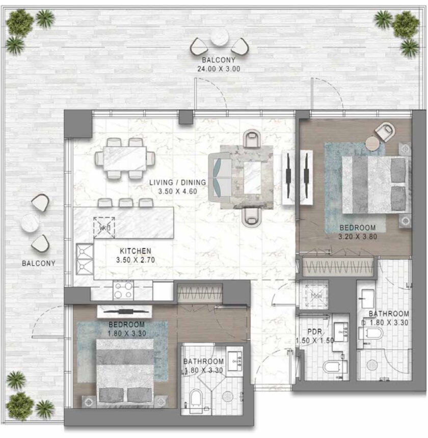 Floor Plans DAMAC District - 2 Bedrooms Apartments